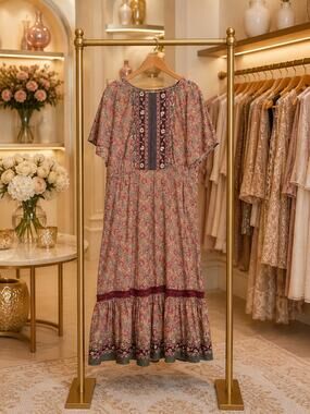 Anthropologie Boemo Maxi Dress LP Floral Boho Tassel Oversized Cowgirl Chic